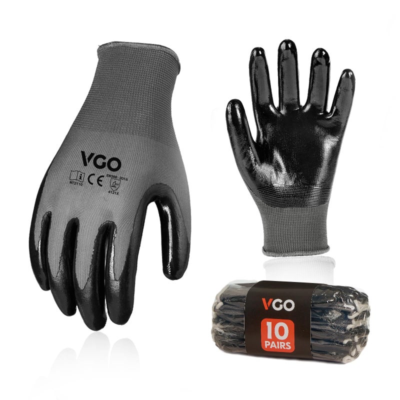 Vgo... 10-Pairs Safety Work Gloves, Gardening Gloves, Non-slip Nitrile coating, Dipping Gloves (Size XL, Gray, NT2110) - Image 1